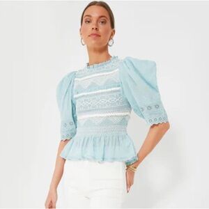 Sea New York Olga Smocked Cotton Puff Sleeve Blouse - Light Blue